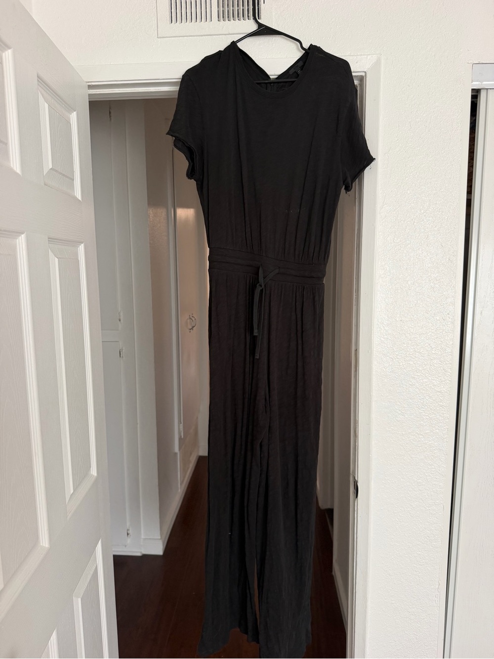 ATM Anthony Thomas Melillo Black Short-Sleeve Maxi Jumpsuit with Waist Tie